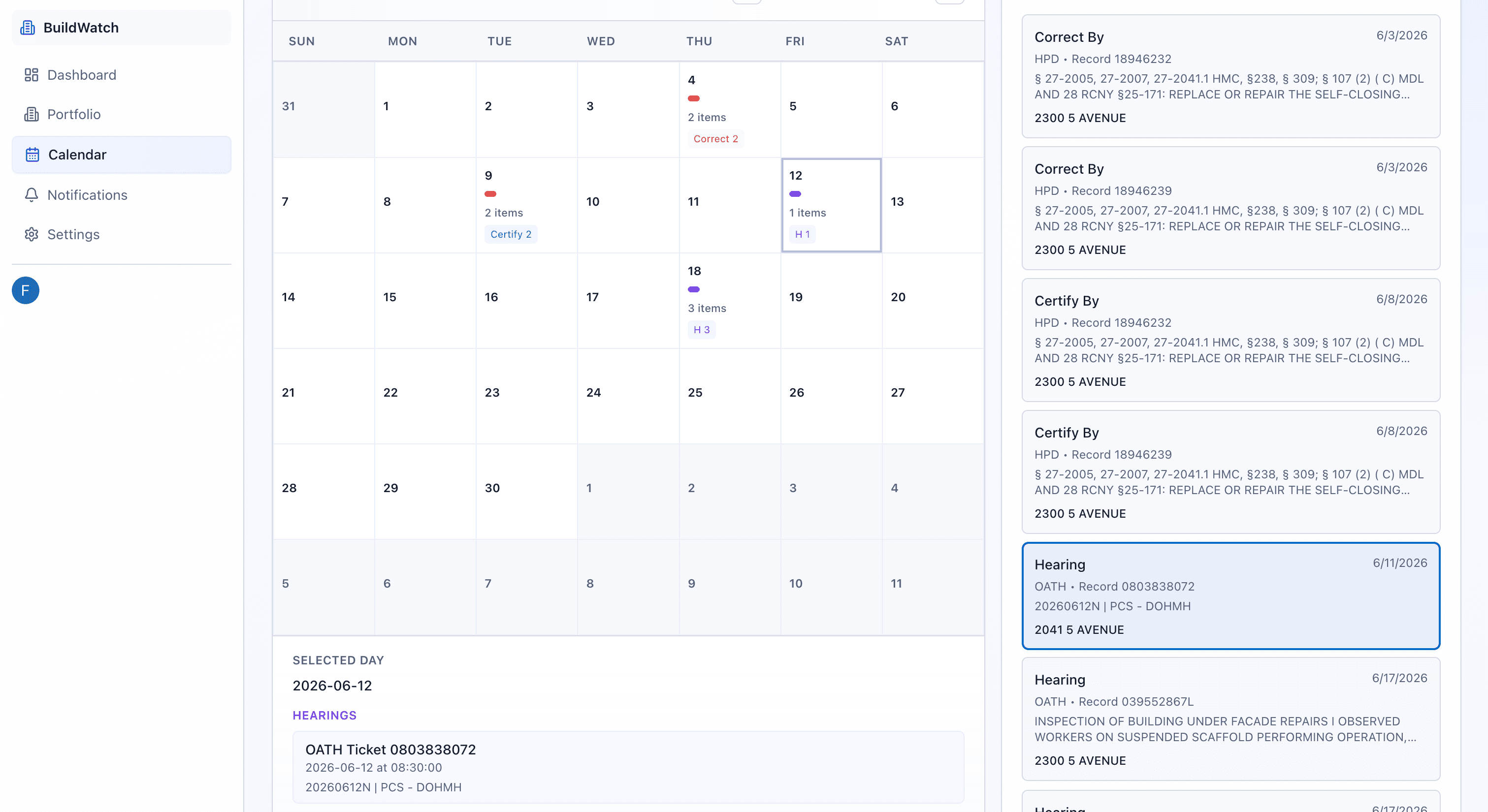BuildWatch calendar desktop screenshot